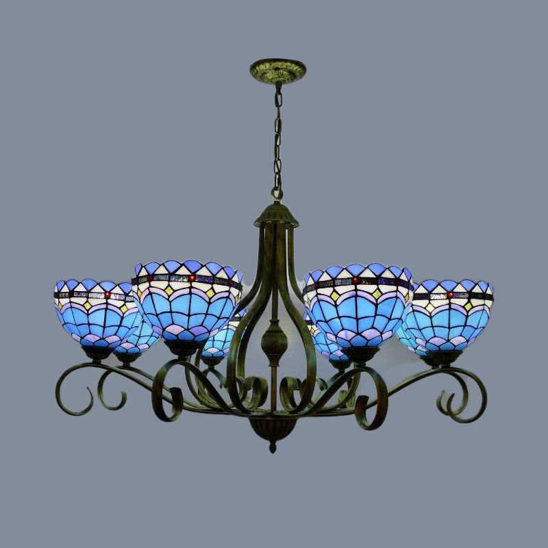 Domed Blue Stained Glass Ceiling Chandelier Mediterranean 3/6/8 Lights Bedroom Pendant Lamp in Black, 25.5