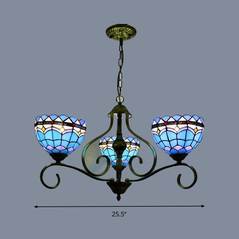 Domed Blue Stained Glass Ceiling Chandelier Mediterranean 3/6/8 Lights Bedroom Pendant Lamp in Black, 25.5