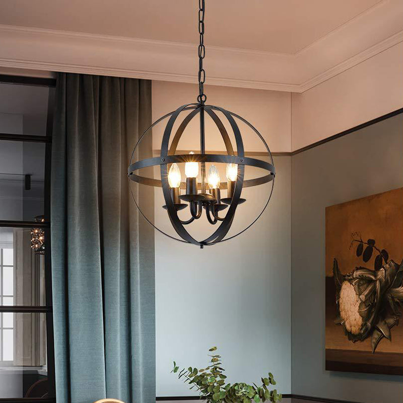 4 Bulbs Metal Ceiling Chandelier Vintage Black Globe Dining Room Pendant Lighting Black Clearhalo 'Cast Iron' 'Ceiling Lights' 'Chandeliers' 'Industrial Chandeliers' 'Industrial' 'Metal' 'Middle Century Chandeliers' 'Rustic Chandeliers' 'Tiffany' Lighting' 314445