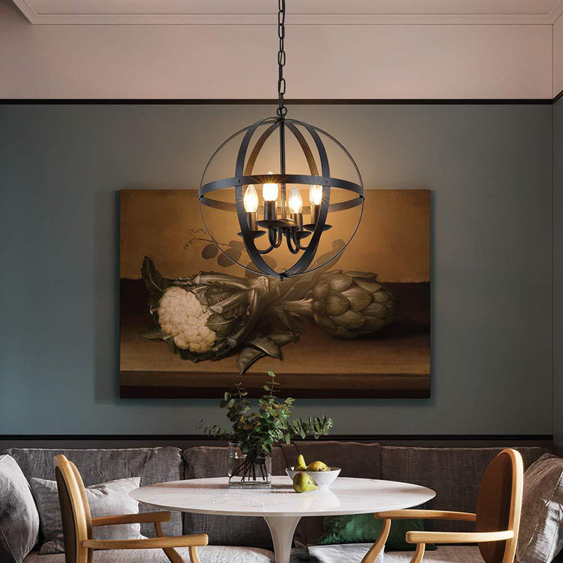 4 Bulbs Metal Ceiling Chandelier Vintage Black Globe Dining Room Pendant Lighting Clearhalo 'Cast Iron' 'Ceiling Lights' 'Chandeliers' 'Industrial Chandeliers' 'Industrial' 'Metal' 'Middle Century Chandeliers' 'Rustic Chandeliers' 'Tiffany' Lighting' 314447