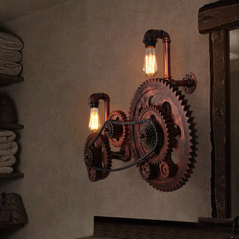 Gear Metal Sconce Industrial 2 Lights Living Room Wall Lighting Idea in Weathered Copper Weathered Copper Clearhalo 'Art deco wall lights' 'Cast Iron' 'Glass' 'Industrial wall lights' 'Industrial' 'Middle century wall lights' 'Modern' 'Rustic wall lights' 'Tiffany' 'Traditional wall lights' 'Wall Lamps & Sconces' 'Wall Lights' Lighting' 314857