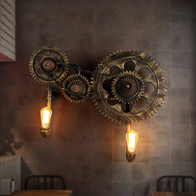 Industrial Gear Sconce Light Fixture 2 Lights Metal Wall Lamp in Antique Bronze Clearhalo 'Art deco wall lights' 'Cast Iron' 'Glass' 'Industrial wall lights' 'Industrial' 'Middle century wall lights' 'Modern' 'Rustic wall lights' 'Tiffany' 'Traditional wall lights' 'Wall Lamps & Sconces' 'Wall Lights' Lighting' 314915