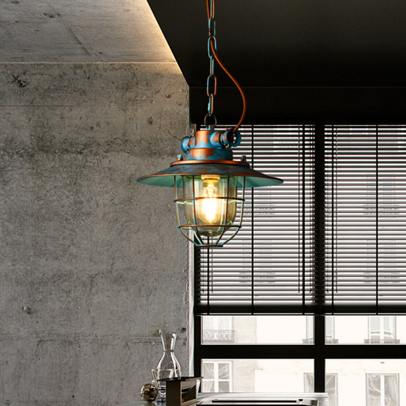 White/Blue 1 Light Pendant Lamp Industrial Metal Wide Flare Hanging Light with Cage Blue Clearhalo 'Art Deco Pendants' 'Cast Iron' 'Ceiling Lights' 'Ceramic' 'Crystal' 'Industrial Pendants' 'Industrial' 'Metal' 'Middle Century Pendants' 'Pendant Lights' 'Pendants' 'Tiffany' Lighting' 315028