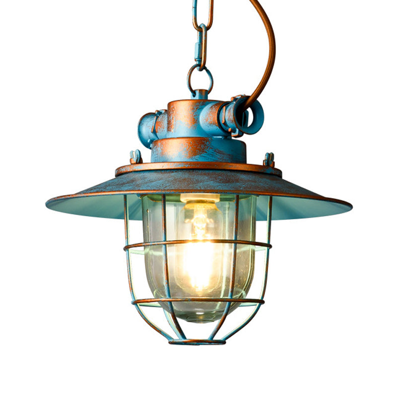 White/Blue 1 Light Pendant Lamp Industrial Metal Wide Flare Hanging Light with Cage Clearhalo 'Art Deco Pendants' 'Cast Iron' 'Ceiling Lights' 'Ceramic' 'Crystal' 'Industrial Pendants' 'Industrial' 'Metal' 'Middle Century Pendants' 'Pendant Lights' 'Pendants' 'Tiffany' Lighting' 315030