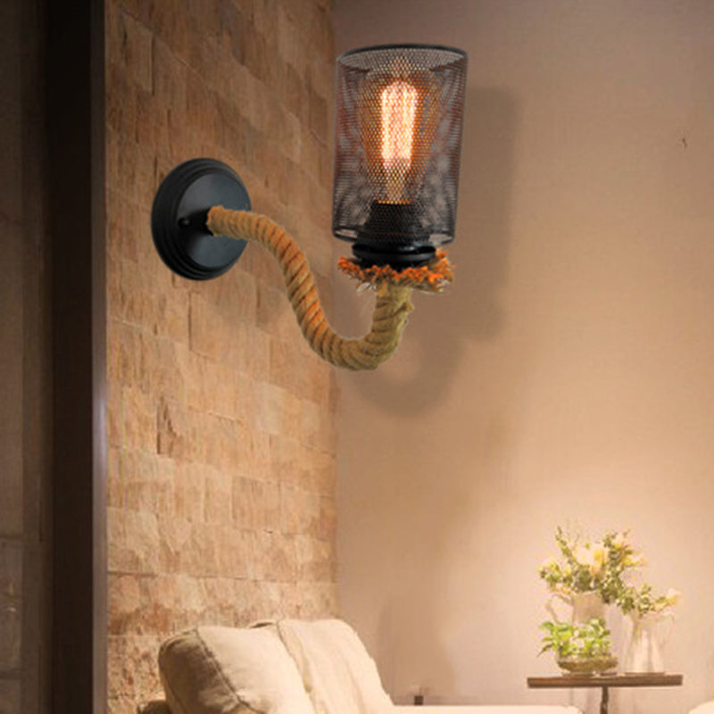 Black Cylinder Wall Lighting Fixture Vintage Metal 1 Light Dining Room Sconce with Rope Arm Clearhalo 'Art deco wall lights' 'Cast Iron' 'Glass' 'Industrial wall lights' 'Industrial' 'Middle century wall lights' 'Modern' 'Rustic wall lights' 'Tiffany' 'Traditional wall lights' 'Wall Lamps & Sconces' 'Wall Lights' Lighting' 315112