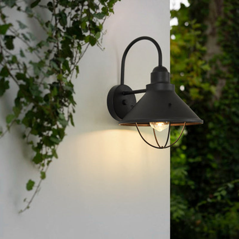 1 Light Wide Flare Lighting Fixture Industrial Black Metal Sconce Light with Cage for Outdoor Clearhalo 'Art deco wall lights' 'Cast Iron' 'Glass' 'Industrial wall lights' 'Industrial' 'Middle century wall lights' 'Modern' 'Rustic wall lights' 'Tiffany' 'Traditional wall lights' 'Wall Lamps & Sconces' 'Wall Lights' Lighting' 315147