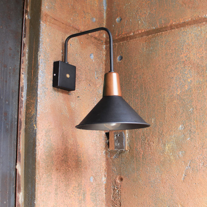 1 Light Metal Wall Mounted Light Industrial Style Black Conical Bedroom Sconce Clearhalo 'Art deco wall lights' 'Cast Iron' 'Glass' 'Industrial wall lights' 'Industrial' 'Middle century wall lights' 'Modern' 'Rustic wall lights' 'Tiffany' 'Traditional wall lights' 'Wall Lamps & Sconces' 'Wall Lights' Lighting' 315164