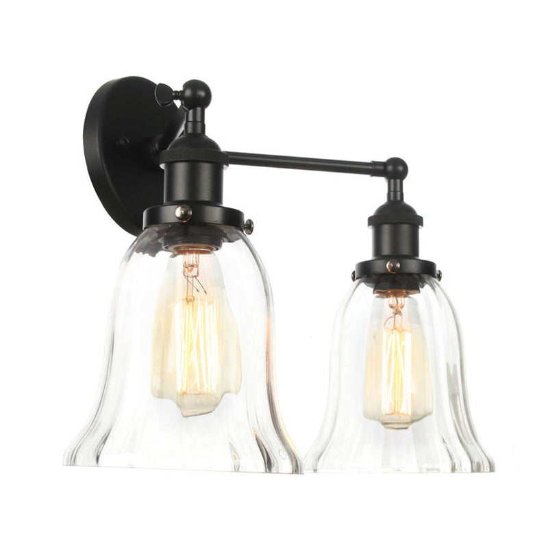 2 Lights Indoor Wall Lighting Industrial Style Black/Chrome/Bronze Sconce with Bell Clear Glass Shade Clearhalo 'Art deco wall lights' 'Cast Iron' 'Glass' 'Industrial wall lights' 'Industrial' 'Middle century wall lights' 'Modern' 'Rustic wall lights' 'Tiffany' 'Traditional wall lights' 'Wall Lamps & Sconces' 'Wall Lights' Lighting' 315197