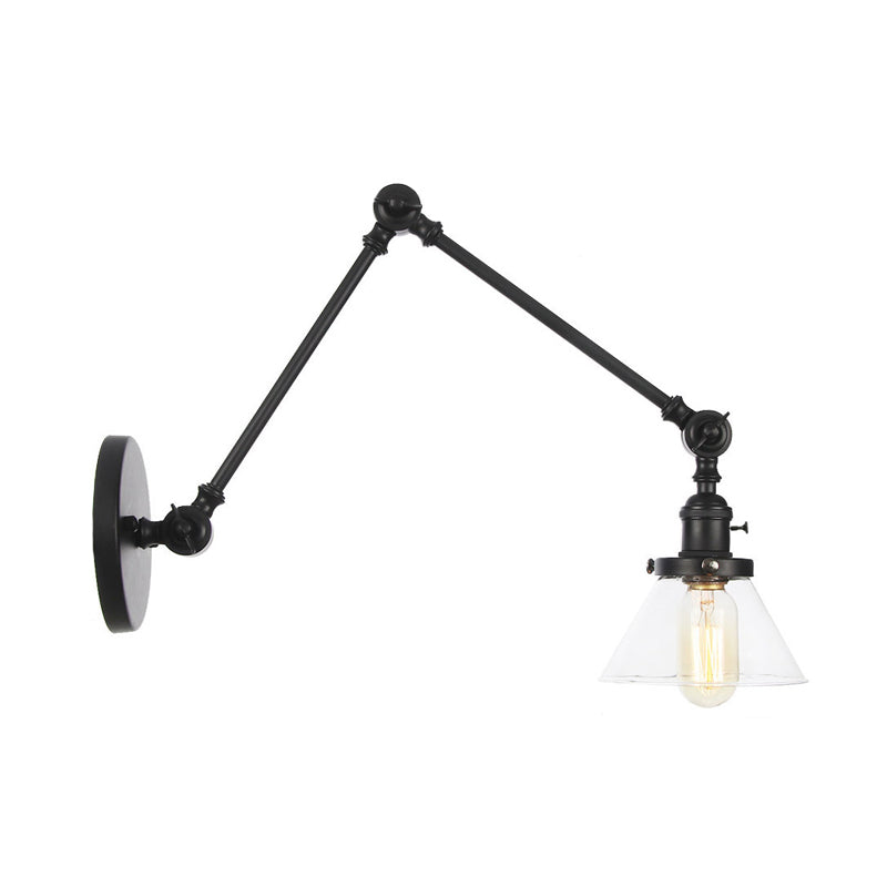 1 Light Wall Lamp Industrial Conical Clear/Amber Glass Sconce in Black/Bronze/Brass with Adjustable Arm, 8“+8