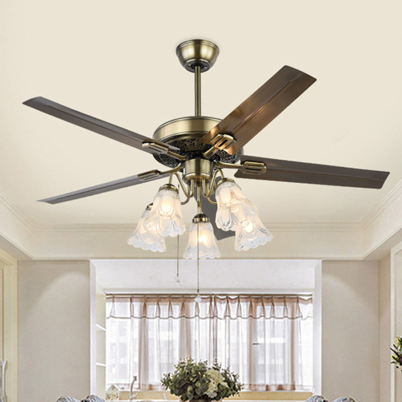 Floral Bedroom Ceiling Fan Light Vintage Clear Textured Glass 5 Lights Brass Semi Flush Mount, Remote Control/Remote Control and Wall Control Brass Clearhalo 'Ceiling Fans with Lights' 'Ceiling Fans' Lighting' 315507