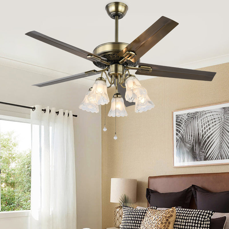 Floral Bedroom Ceiling Fan Light Vintage Clear Textured Glass 5 Lights Brass Semi Flush Mount, Remote Control/Remote Control and Wall Control Clearhalo 'Ceiling Fans with Lights' 'Ceiling Fans' Lighting' 315508