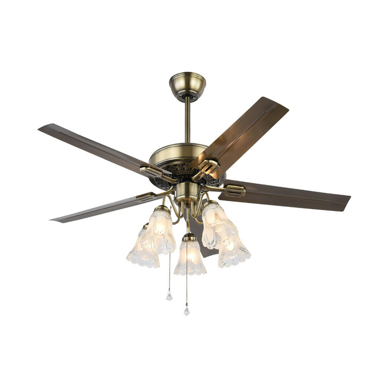 Floral Bedroom Ceiling Fan Light Vintage Clear Textured Glass 5 Lights Brass Semi Flush Mount, Remote Control/Remote Control and Wall Control Clearhalo 'Ceiling Fans with Lights' 'Ceiling Fans' Lighting' 315509