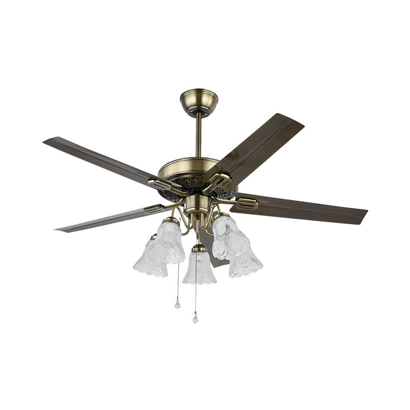 Floral Bedroom Ceiling Fan Light Vintage Clear Textured Glass 5 Lights Brass Semi Flush Mount, Remote Control/Remote Control and Wall Control Clearhalo 'Ceiling Fans with Lights' 'Ceiling Fans' Lighting' 315510