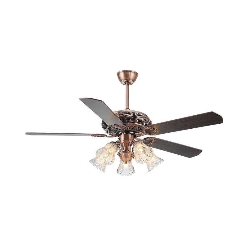 Clear Glass Blossom Ceiling Fan Vintage 5 Lights Living Room Semi Flush Light Fixture in Rust Clearhalo 'Ceiling Fans with Lights' 'Ceiling Fans' Lighting' 315517