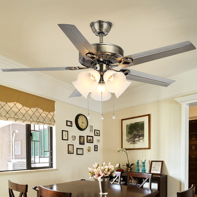 5 Lights Ceiling Fan Lighting Traditional Bell Opal Glass Semi Flush Light in Stainless-Steel Stainless-Steel Clearhalo 'Ceiling Fans with Lights' 'Ceiling Fans' Lighting' 315526