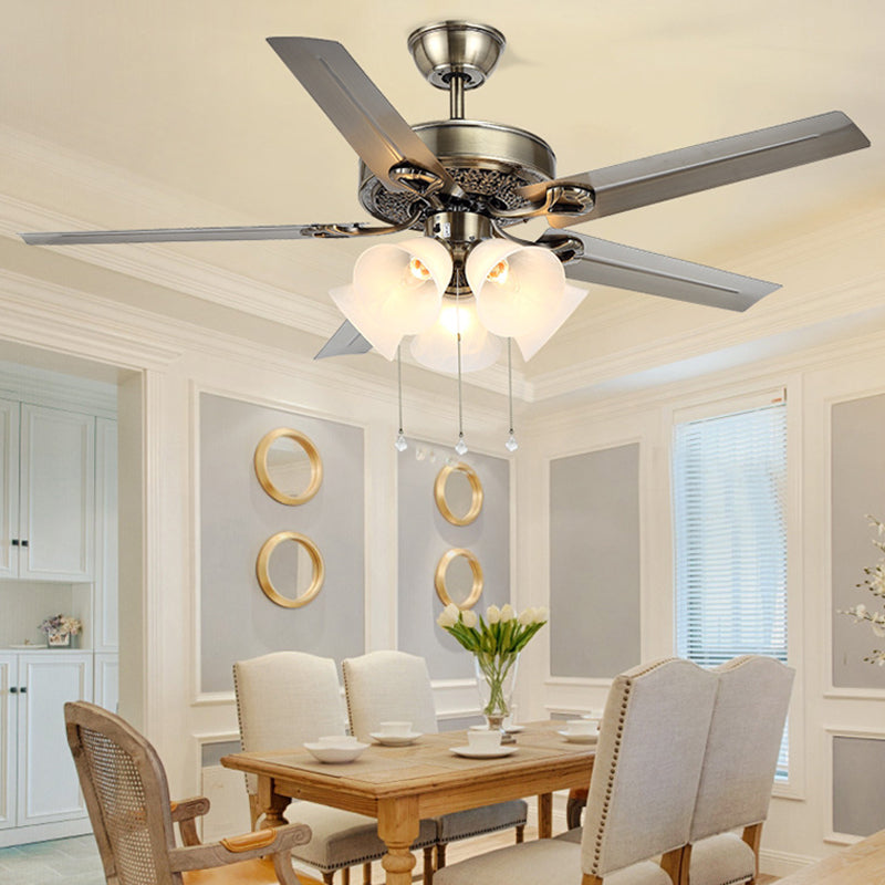 5 Lights Ceiling Fan Lighting Traditional Bell Opal Glass Semi Flush Light in Stainless-Steel Clearhalo 'Ceiling Fans with Lights' 'Ceiling Fans' Lighting' 315528