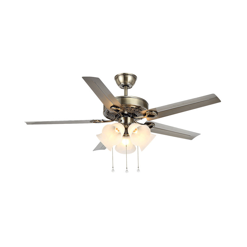 5 Lights Ceiling Fan Lighting Traditional Bell Opal Glass Semi Flush Light in Stainless-Steel Clearhalo 'Ceiling Fans with Lights' 'Ceiling Fans' Lighting' 315529