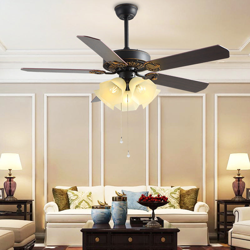 Flower Frosted Glass Ceiling Fan Lamp Vintage 5 Lights Living Room Semi Flush Mount Lighting in Black Black Clearhalo 'Ceiling Fans with Lights' 'Ceiling Fans' Lighting' 315536