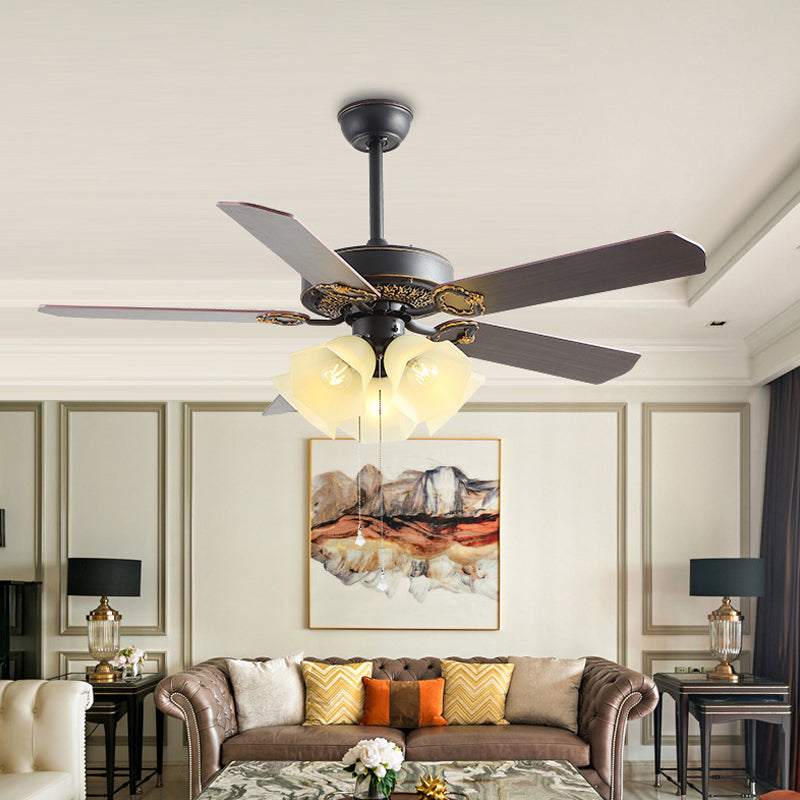 Flower Frosted Glass Ceiling Fan Lamp Vintage 5 Lights Living Room Semi Flush Mount Lighting in Black Clearhalo 'Ceiling Fans with Lights' 'Ceiling Fans' Lighting' 315537