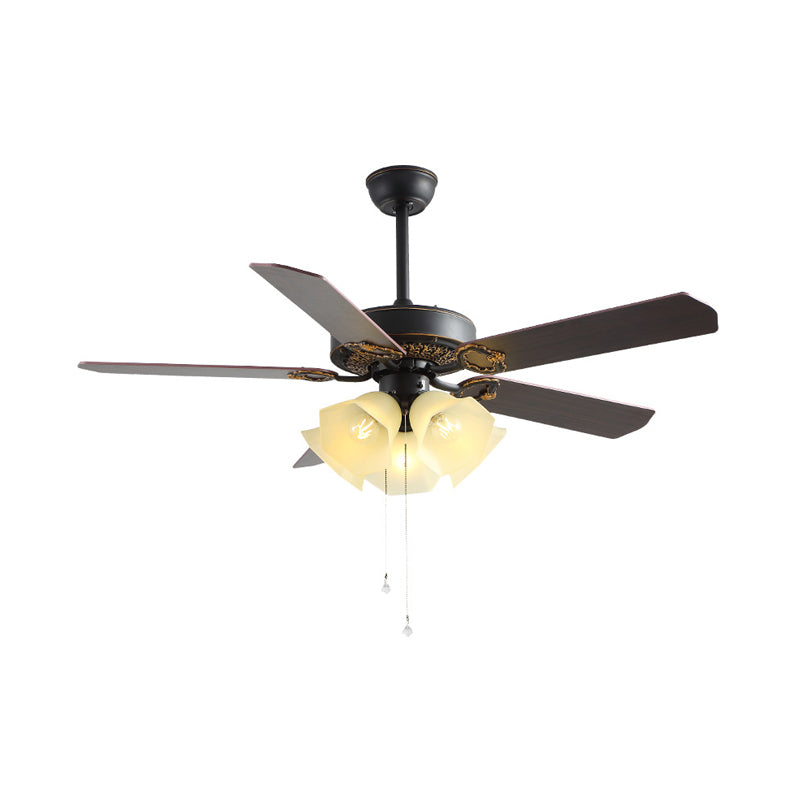 Flower Frosted Glass Ceiling Fan Lamp Vintage 5 Lights Living Room Semi Flush Mount Lighting in Black Clearhalo 'Ceiling Fans with Lights' 'Ceiling Fans' Lighting' 315539