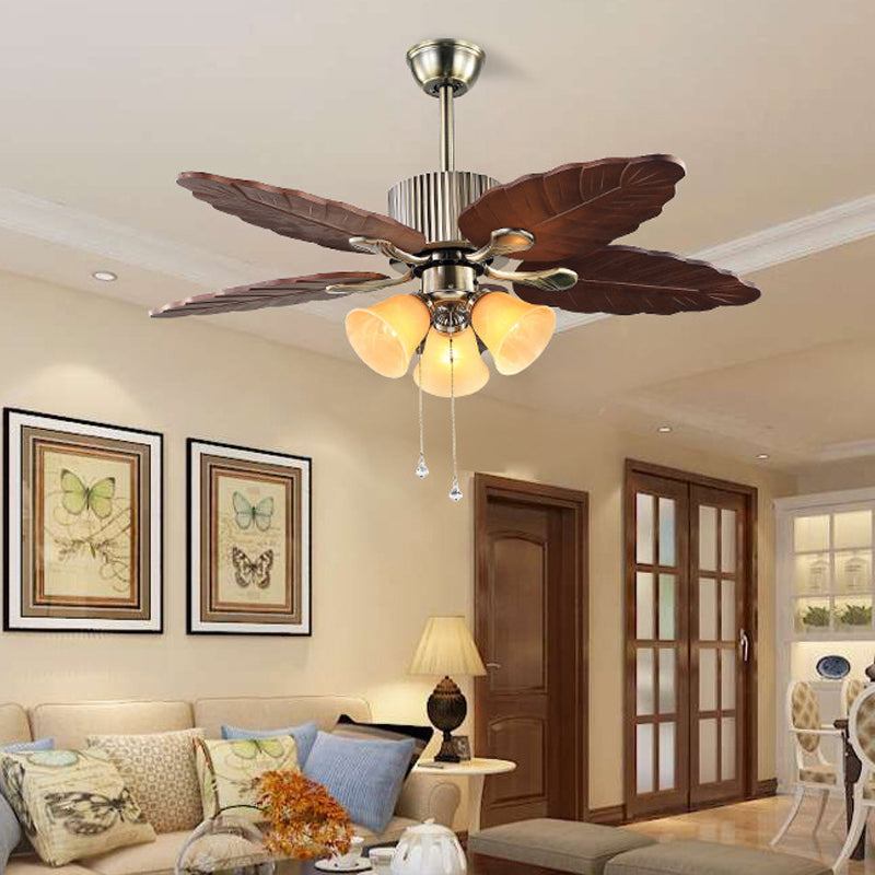 Dark Brown Bell Ceiling Fan Lamp Classic Beige Glass 3 Heads Living Room Semi Flush Light Fixture Dark Brown Clearhalo 'Ceiling Fans with Lights' 'Ceiling Fans' Lighting' 315582