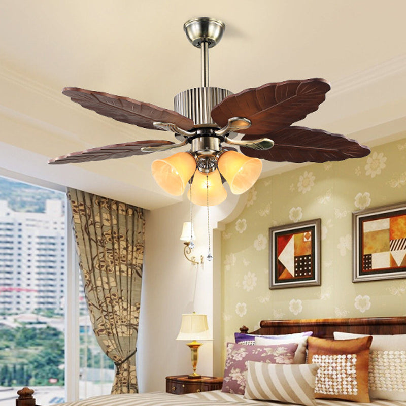 Dark Brown Bell Ceiling Fan Lamp Classic Beige Glass 3 Heads Living Room Semi Flush Light Fixture Clearhalo 'Ceiling Fans with Lights' 'Ceiling Fans' Lighting' 315583