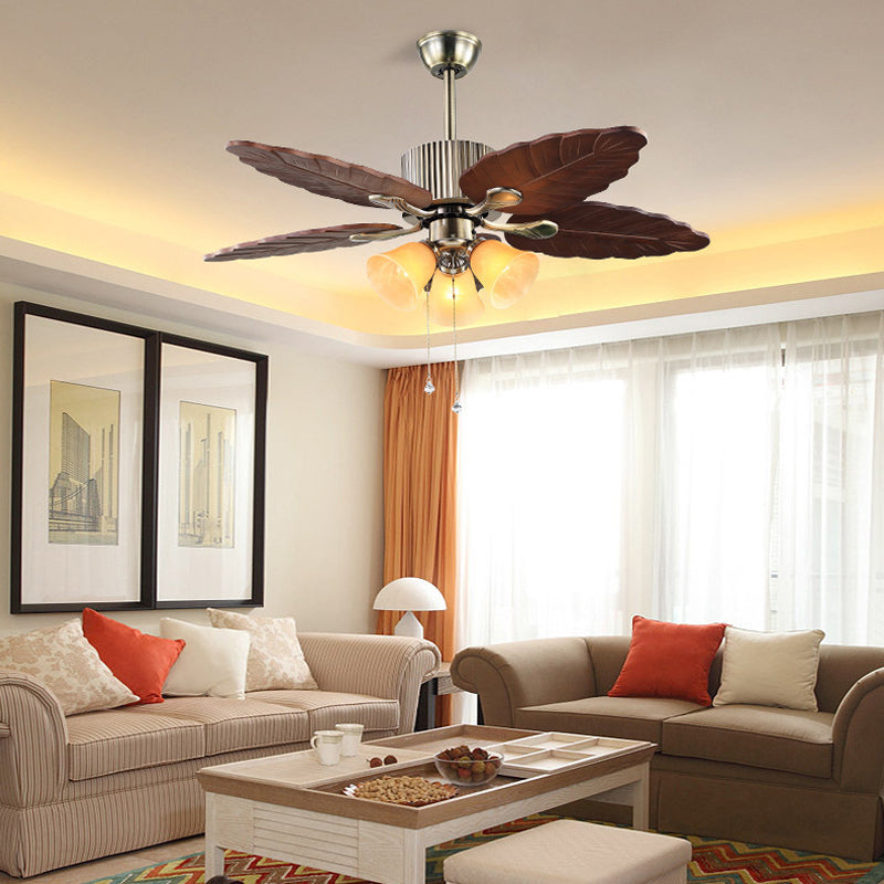 Dark Brown Bell Ceiling Fan Lamp Classic Beige Glass 3 Heads Living Room Semi Flush Light Fixture Clearhalo 'Ceiling Fans with Lights' 'Ceiling Fans' Lighting' 315584