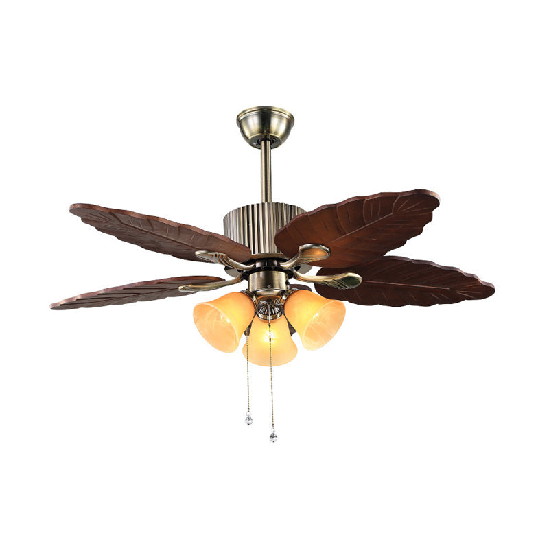 Dark Brown Bell Ceiling Fan Lamp Classic Beige Glass 3 Heads Living Room Semi Flush Light Fixture Clearhalo 'Ceiling Fans with Lights' 'Ceiling Fans' Lighting' 315585