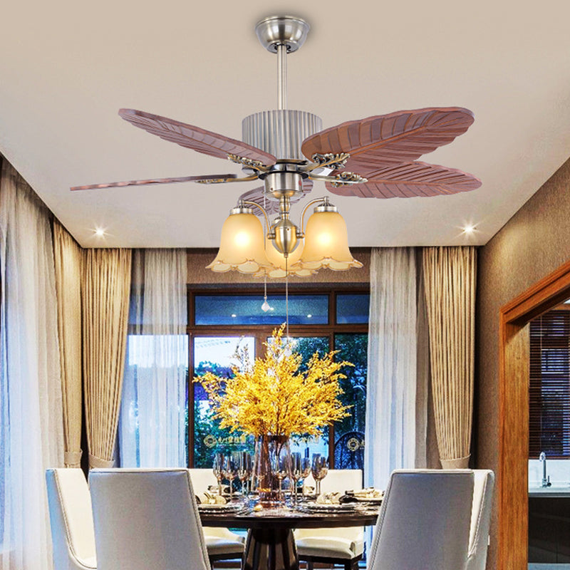 Wooden Silver Ceiling Fan Lighting Leaf 3 Lights Vintage Semi Flush Light Fixture Silver Clearhalo 'Ceiling Fans with Lights' 'Ceiling Fans' Lighting' 315586