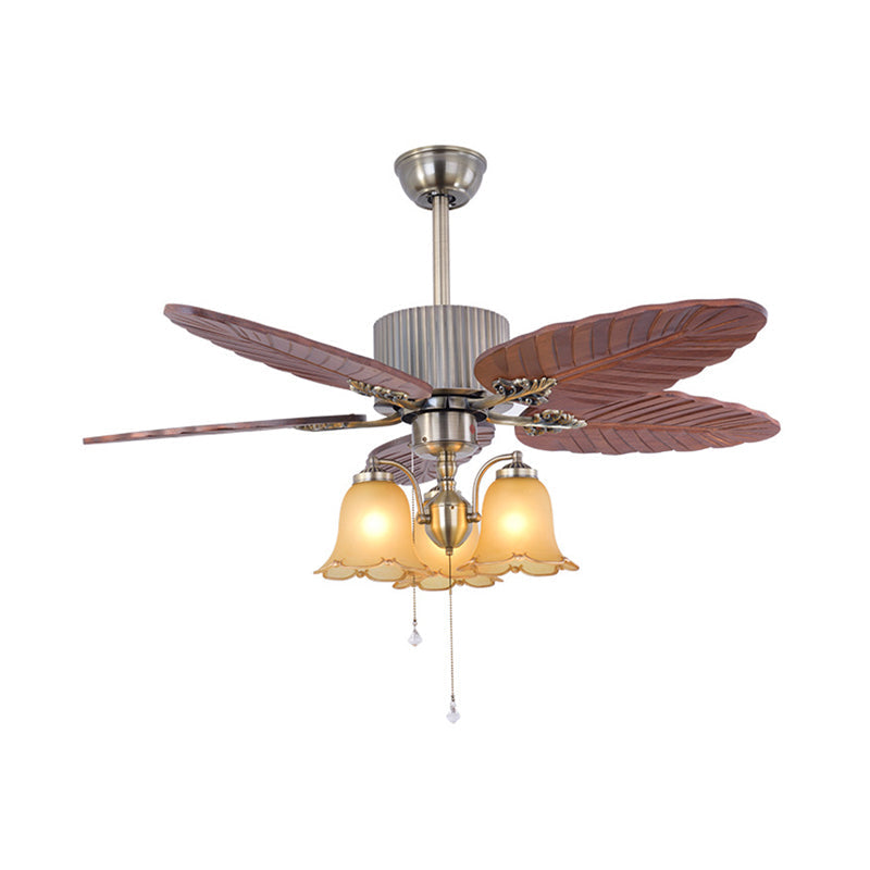 Wooden Silver Ceiling Fan Lighting Leaf 3 Lights Vintage Semi Flush Light Fixture Clearhalo 'Ceiling Fans with Lights' 'Ceiling Fans' Lighting' 315588