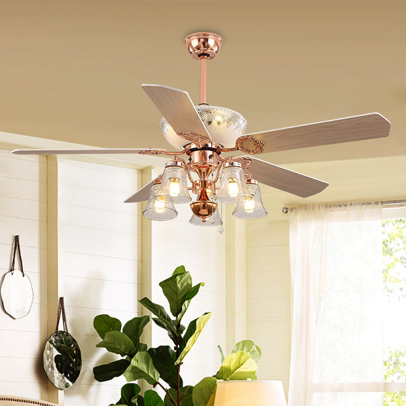 5 Lights Clear Glass Ceiling Fan Light Classic Rose Gold Bell Bedroom Semi Flush Mount Rose Gold Clearhalo 'Ceiling Fans with Lights' 'Ceiling Fans' Lighting' 315674