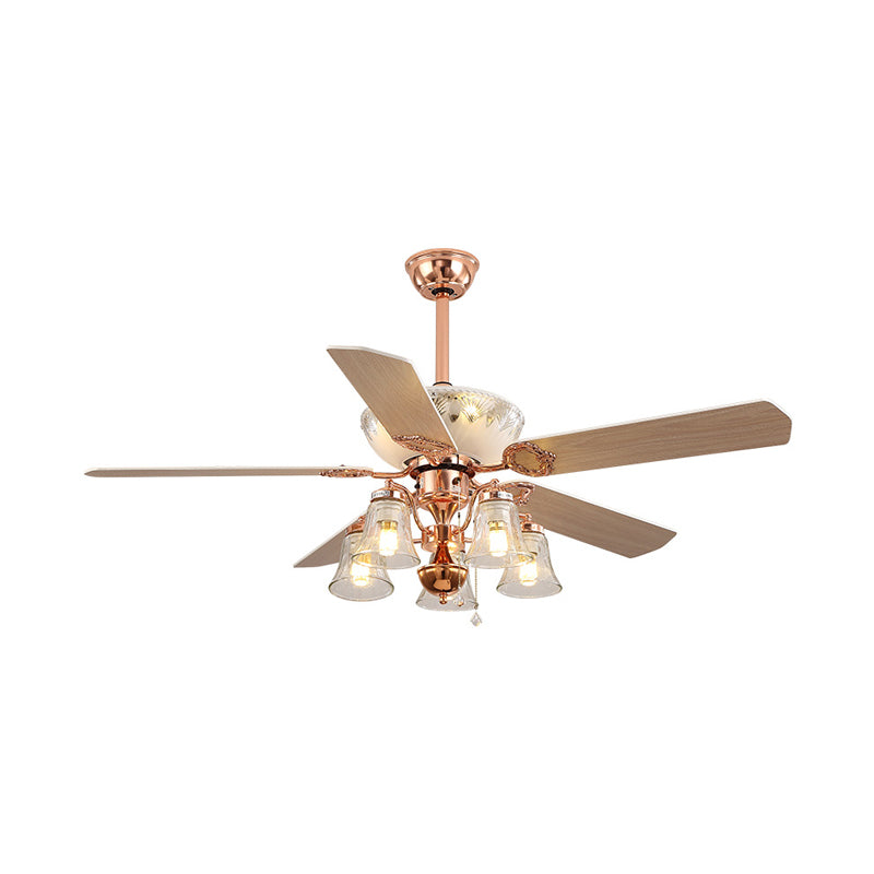 5 Lights Clear Glass Ceiling Fan Light Classic Rose Gold Bell Bedroom Semi Flush Mount Clearhalo 'Ceiling Fans with Lights' 'Ceiling Fans' Lighting' 315677