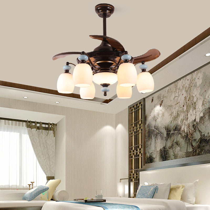 Black 6/8 Lights Ceiling Fan Lamp Traditionalism Opal Glass Bubble Semi-Flush Mount for Living Room Clearhalo 'Ceiling Fans with Lights' 'Ceiling Fans' Lighting' 315679