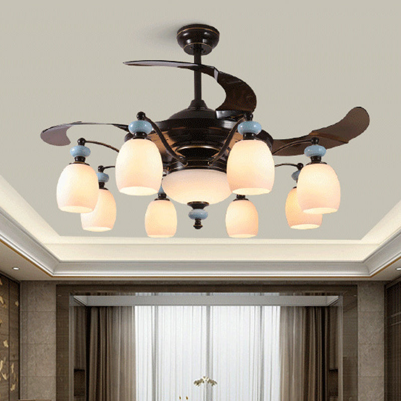 Black 6/8 Lights Ceiling Fan Lamp Traditionalism Opal Glass Bubble Semi-Flush Mount for Living Room 8.0 Black Clearhalo 'Ceiling Fans with Lights' 'Ceiling Fans' Lighting' 315681