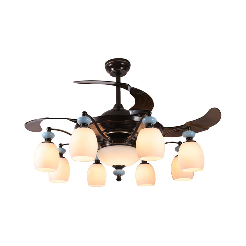 Black 6/8 Lights Ceiling Fan Lamp Traditionalism Opal Glass Bubble Semi-Flush Mount for Living Room Clearhalo 'Ceiling Fans with Lights' 'Ceiling Fans' Lighting' 315683