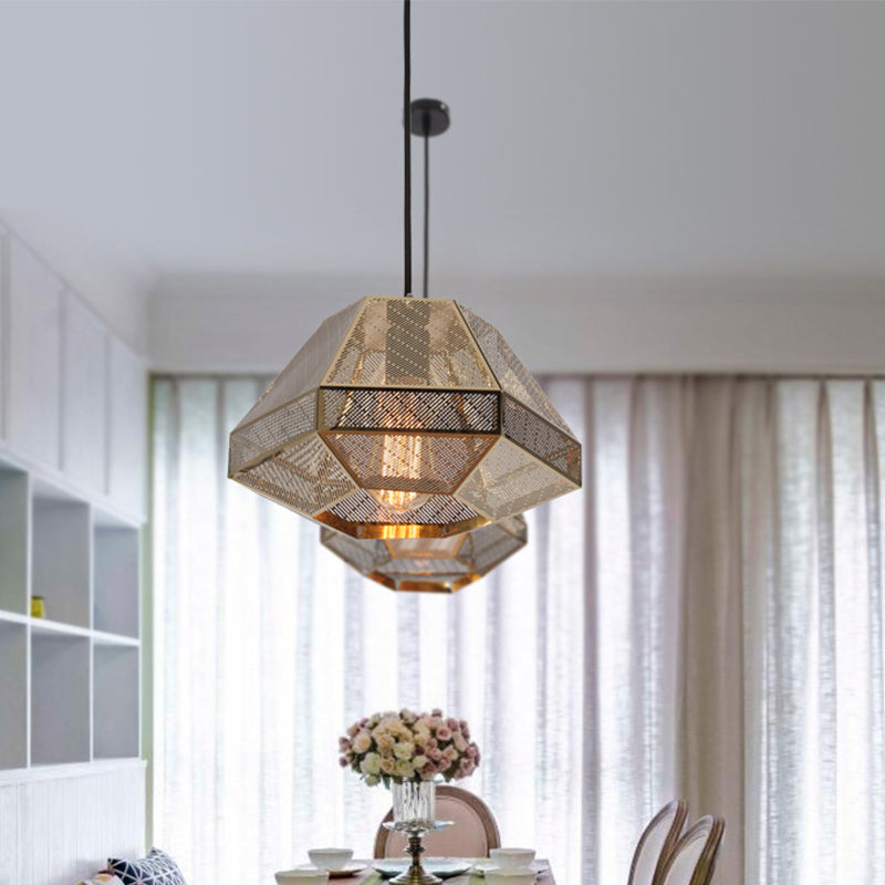 Gold 1 Bulb Pendant Light Rustic Metal Diamond Hanging Lamp for Living Room, 8