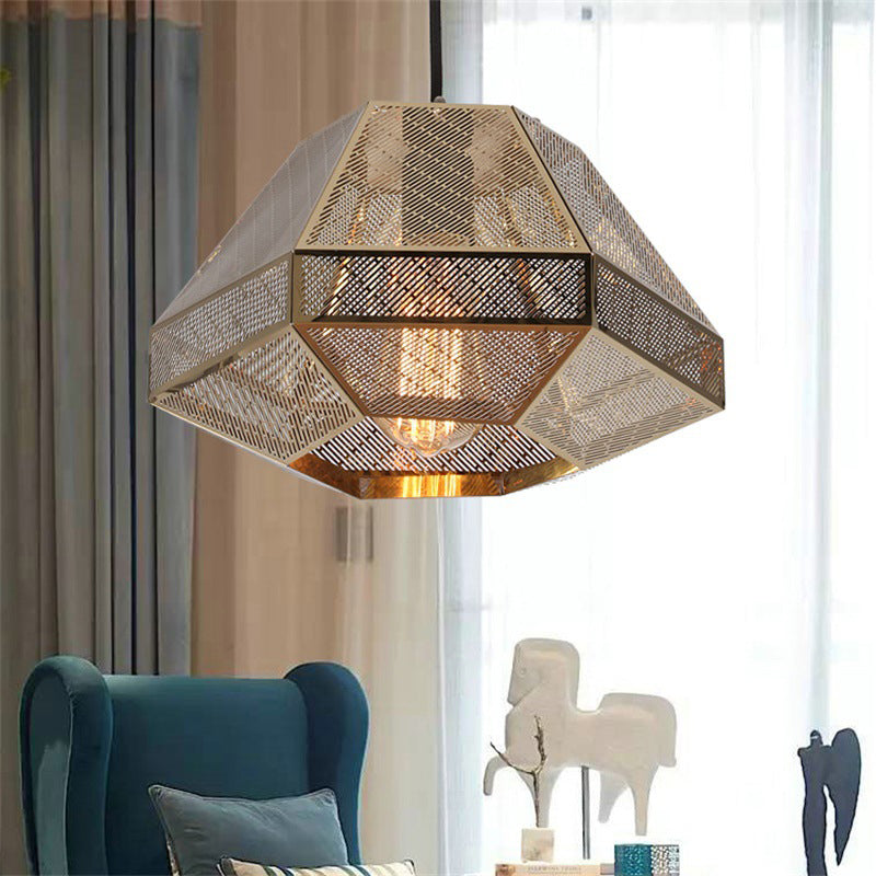 Gold 1 Bulb Pendant Light Rustic Metal Diamond Hanging Lamp for Living Room, 8