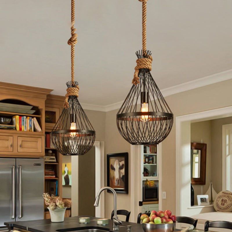 1 Head Teardrop Ceiling Lamp Countryside Black Finish Metal Restaurant Suspension Pendant Light with Rope Black Clearhalo 'Ceiling Lights' 'Pendant Lights' 'Pendants' Lighting' 315691_4c2d41b4-edd2-44a2-b09c-081d308c5125