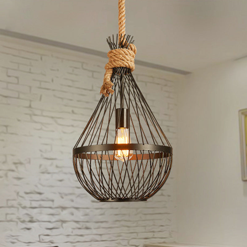 1 Head Teardrop Ceiling Lamp Countryside Black Finish Metal Restaurant Suspension Pendant Light with Rope Clearhalo 'Ceiling Lights' 'Pendant Lights' 'Pendants' Lighting' 315692