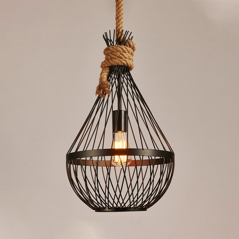 1 Head Teardrop Ceiling Lamp Countryside Black Finish Metal Restaurant Suspension Pendant Light with Rope Clearhalo 'Ceiling Lights' 'Pendant Lights' 'Pendants' Lighting' 315694