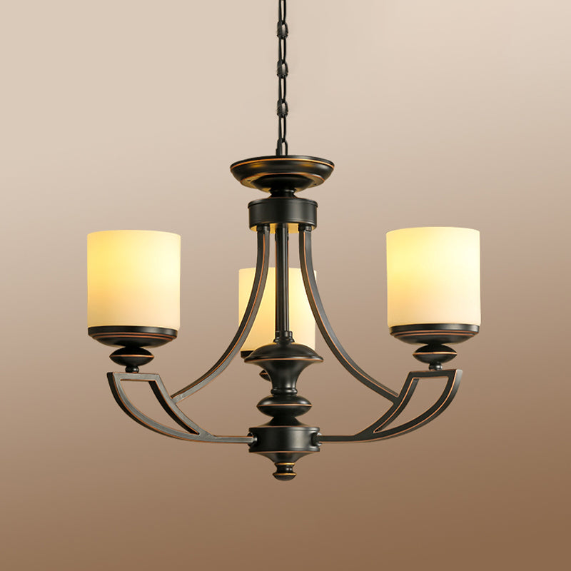 Traditional Starburst Pendant Chandelier 3/6 Lights Metal Ceiling Lamp Fixture in Black for Living Room with Cylinder Frosted Glass Shade Clearhalo 'Ceiling Lights' 'Chandeliers' 'Glass shade' 'Glass' 'Modern Chandeliers' 'Modern' Lighting' 315755