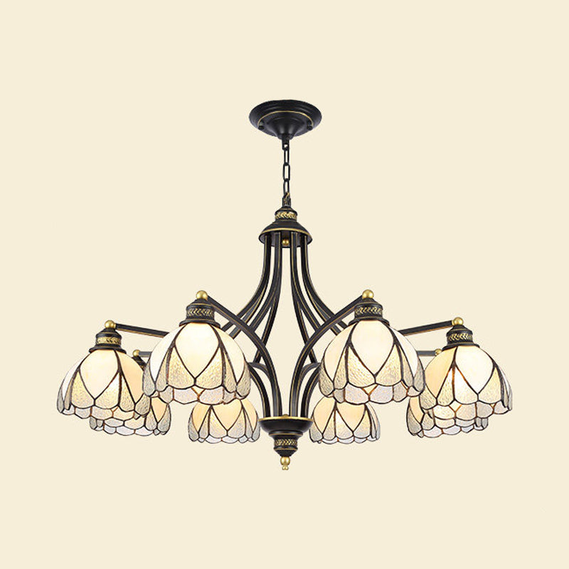 Scalloped Ceiling Chandelier 3/6/8 Lights Stained Glass Tiffany Pendant Lighting in Red/Yellow for Living Room Clearhalo 'Ceiling Lights' 'Chandeliers' 'Industrial' 'Middle Century Chandeliers' 'Tiffany Chandeliers' 'Tiffany close to ceiling' 'Tiffany' Lighting' 315865