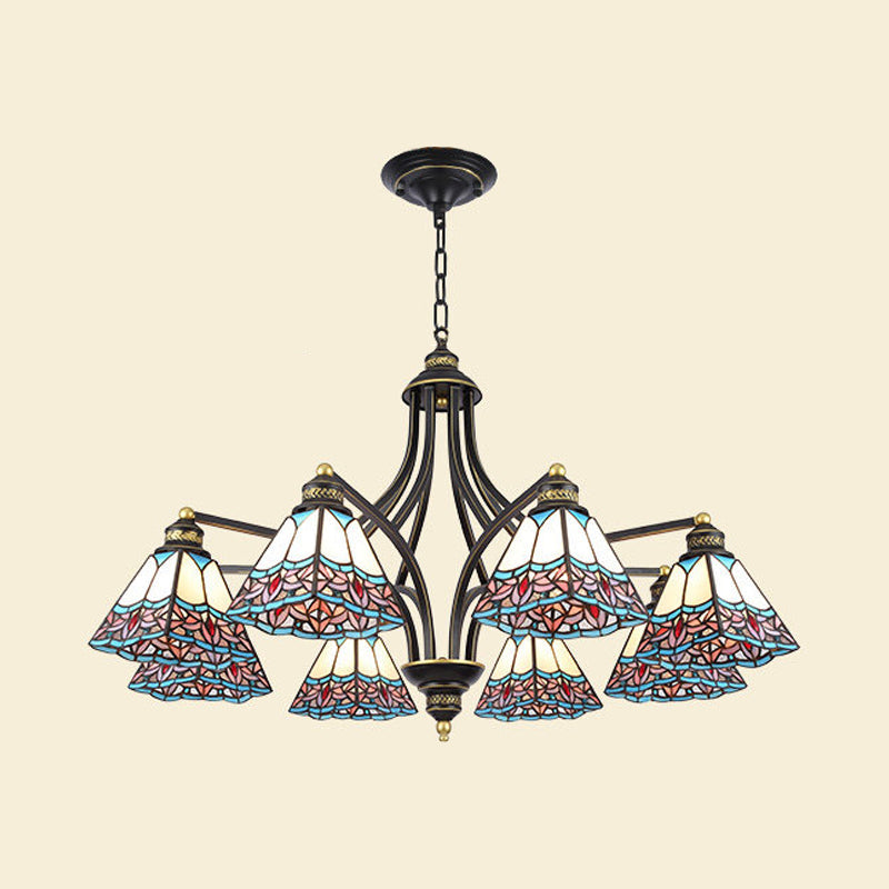 Pyramid Chandelier Lighting Mediterranean Stained Glass 3/6/8 Lights Pink and Blue/Blue and Orange Hanging Ceiling Light for Living Room Clearhalo 'Ceiling Lights' 'Chandeliers' 'Industrial' 'Middle Century Chandeliers' 'Tiffany Chandeliers' 'Tiffany close to ceiling' 'Tiffany' Lighting' 315870