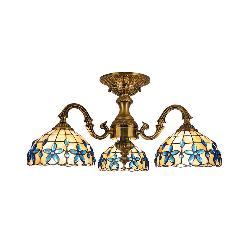 Blue 3 Heads Ceiling Mount Mediterranean Hand Cut Glass Bowl Semi Flush Light Fixture Clearhalo 'Ceiling Lights' 'Close To Ceiling Lights' 'Close to ceiling' 'Glass shade' 'Glass' 'Semi-flushmount' 'Tiffany close to ceiling' 'Tiffany' Lighting' 315890