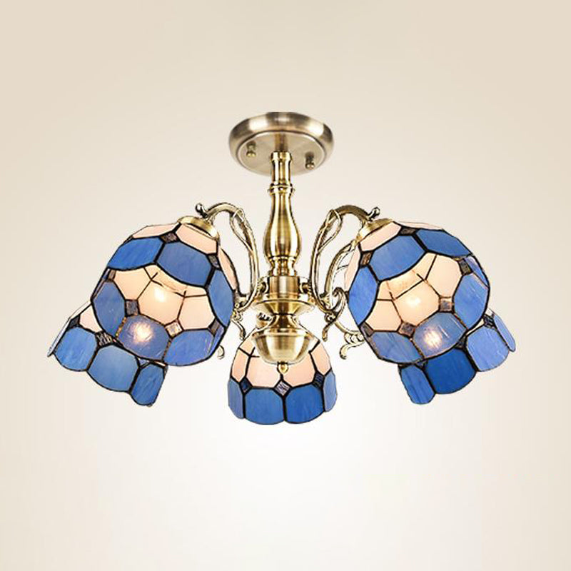 Grid Patterned Ceiling Light Handcrafted Art Glass 3/5/11 Heads Blue Semi Flush Mount Light Fixture 5 Blue Clearhalo 'Ceiling Lights' 'Close To Ceiling Lights' 'Close to ceiling' 'Glass shade' 'Glass' 'Semi-flushmount' 'Tiffany close to ceiling' 'Tiffany' Lighting' 315892