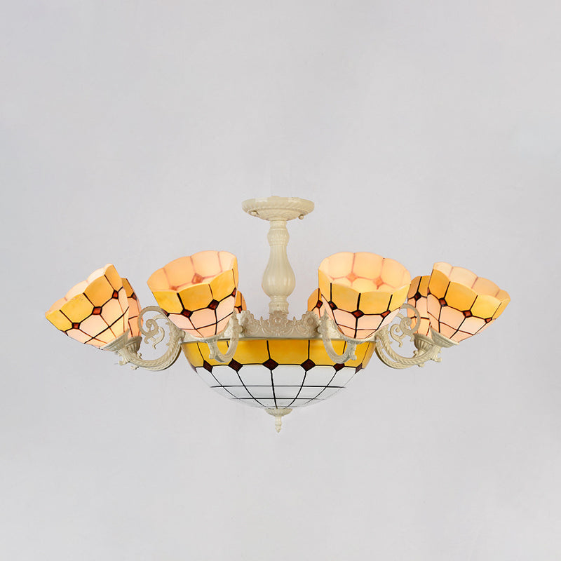 11 Heads Grid Patterned Ceiling Lighting Tiffany Gold/White Stained Glass Semi Flush Mount Lighting Gold Clearhalo 'Ceiling Lights' 'Close To Ceiling Lights' 'Close to ceiling' 'Glass shade' 'Glass' 'Semi-flushmount' 'Tiffany close to ceiling' 'Tiffany' Lighting' 315895