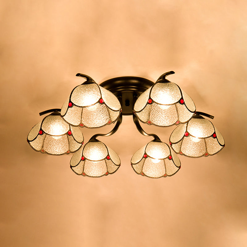 Stained Glass Scalloped Ceiling Fixture Mediterranean 3/6/7 Heads Black Semi Flush Mount Lighting 6 Black Clearhalo 'Ceiling Lights' 'Close To Ceiling Lights' 'Close to ceiling' 'Glass shade' 'Glass' 'Semi-flushmount' 'Tiffany close to ceiling' 'Tiffany' Lighting' 315913