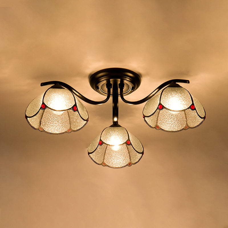 Stained Glass Scalloped Ceiling Fixture Mediterranean 3/6/7 Heads Black Semi Flush Mount Lighting 3 Black Clearhalo 'Ceiling Lights' 'Close To Ceiling Lights' 'Close to ceiling' 'Glass shade' 'Glass' 'Semi-flushmount' 'Tiffany close to ceiling' 'Tiffany' Lighting' 315914