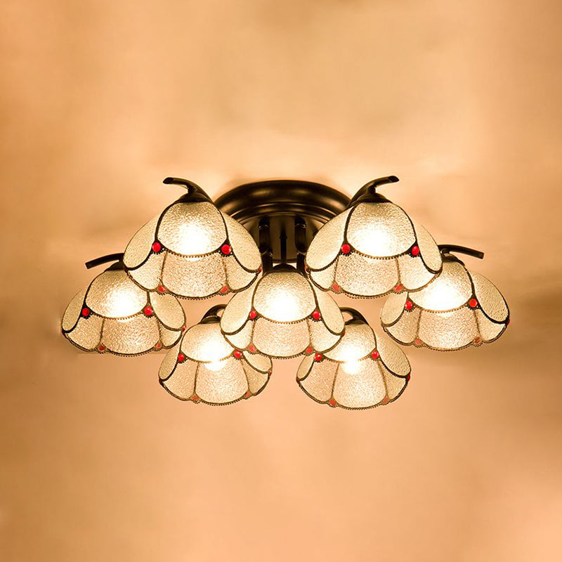 Stained Glass Scalloped Ceiling Fixture Mediterranean 3/6/7 Heads Black Semi Flush Mount Lighting 7 Black Clearhalo 'Ceiling Lights' 'Close To Ceiling Lights' 'Close to ceiling' 'Glass shade' 'Glass' 'Semi-flushmount' 'Tiffany close to ceiling' 'Tiffany' Lighting' 315915