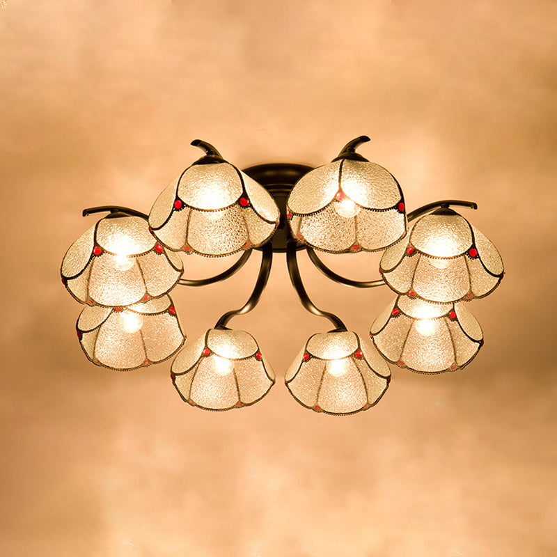 Stained Glass Scalloped Ceiling Fixture Mediterranean 3/6/7 Heads Black Semi Flush Mount Lighting 8 Black Clearhalo 'Ceiling Lights' 'Close To Ceiling Lights' 'Close to ceiling' 'Glass shade' 'Glass' 'Semi-flushmount' 'Tiffany close to ceiling' 'Tiffany' Lighting' 315916